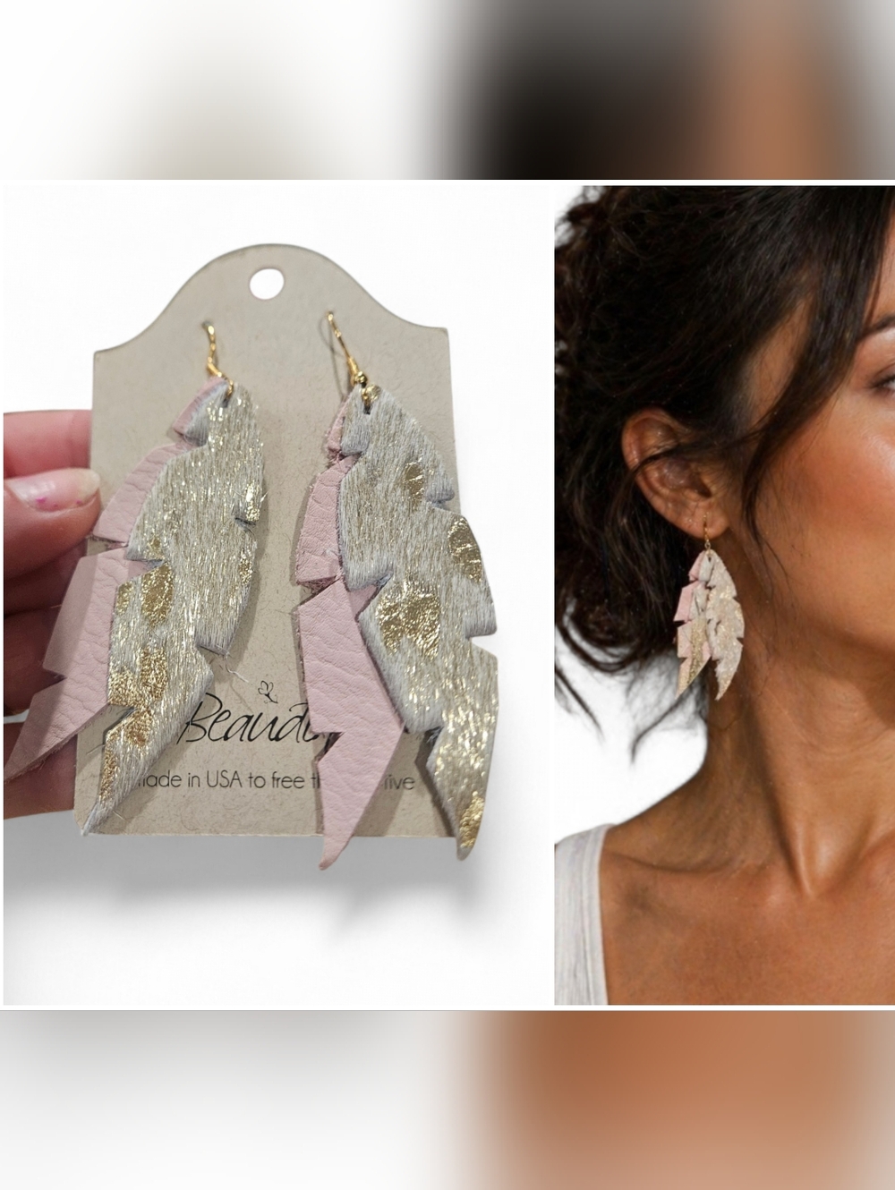 NWT Beaudin Cowhide Leather Feather Earrings Blush Pink Gold Western Boho